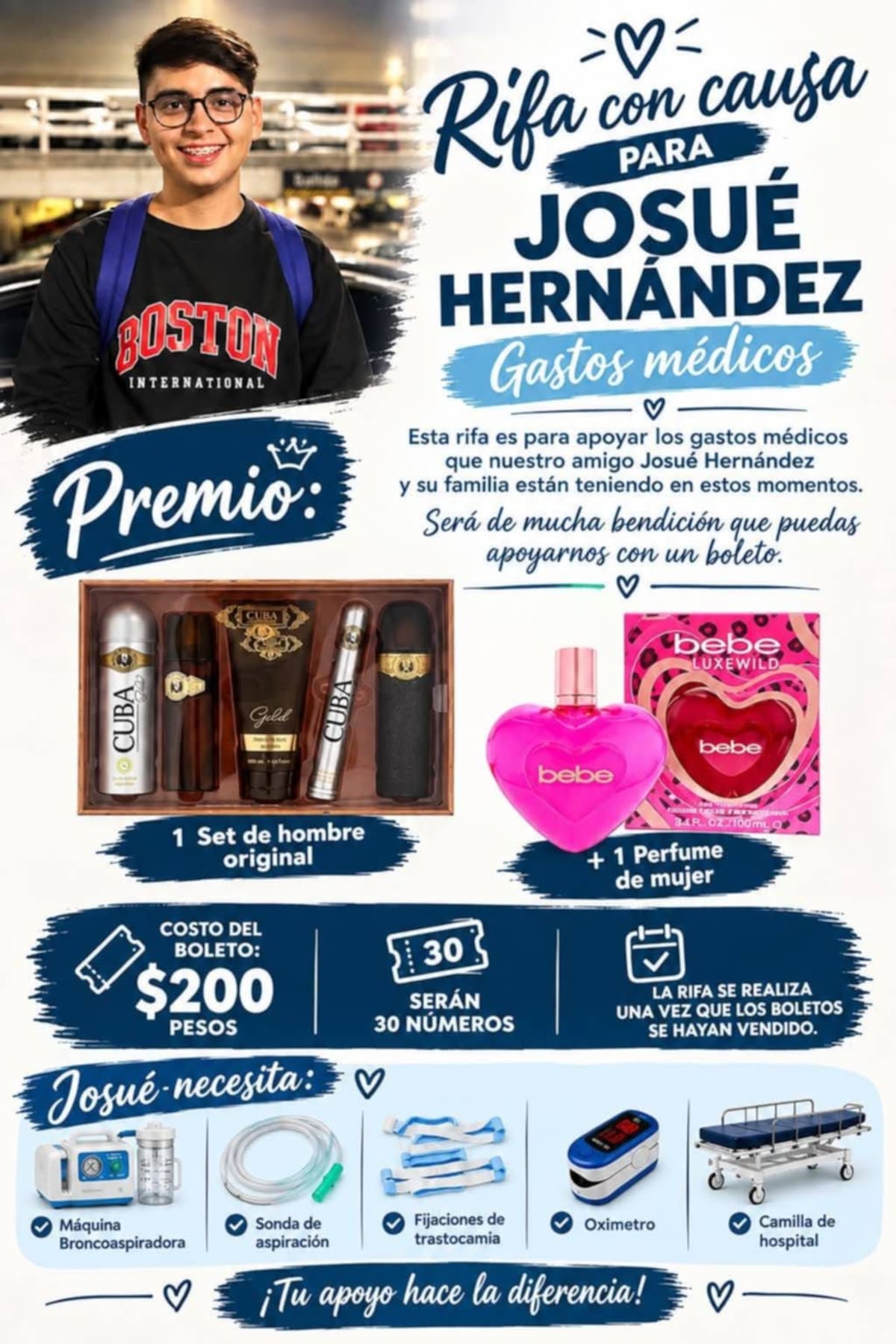Familiares y amigos de Josué Bezares difundieron información sobre la rifa organizada para recaudar fondos y cubrir los gastos de los insumos y atención médica que requiere el joven. Foto: Cortesía de Stephanie Bezares