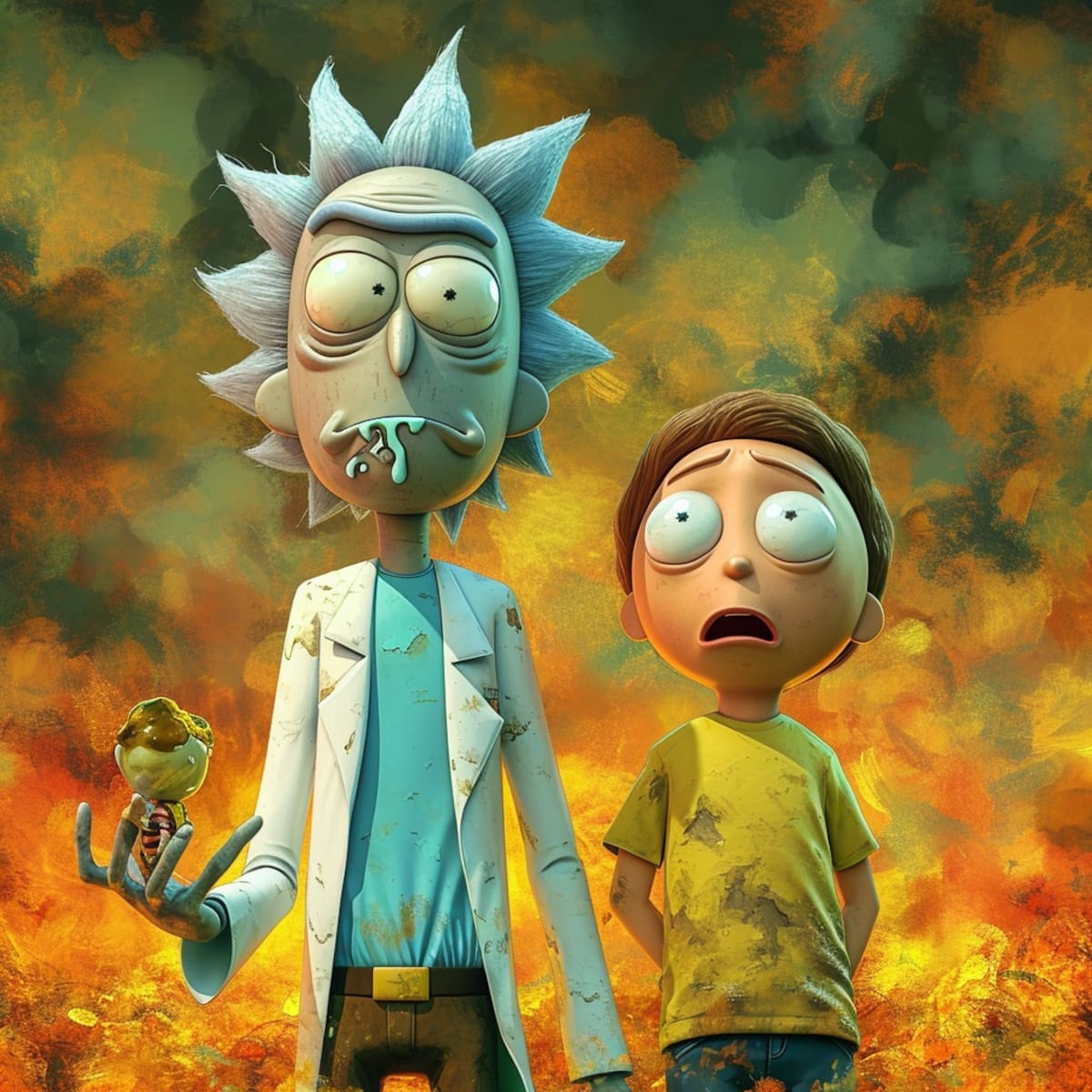 La IA de Midjourney captura la esencia sarcástica de Rick con su cabello alborotado y mirada ingeniosa. ¡Explora nuevas dimensiones visuales!