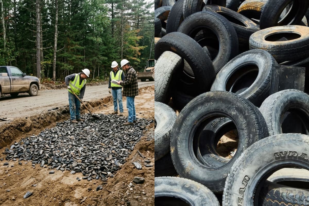 Ingenieros enterraron 20,000 llantas usadas debajo de un camino de terracería para reducir los daños causados por las heladas y el lodo, aprovechando el caucho como aislante y los espacios entre los neumáticos para facilitar el drenaje