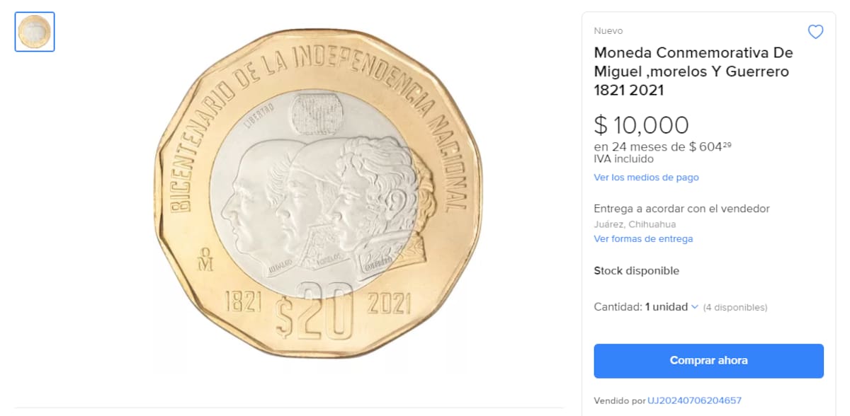 En sitios de compra- venta de Internet, la moneda de 20 pesos se cotiza en 10 mil pesos