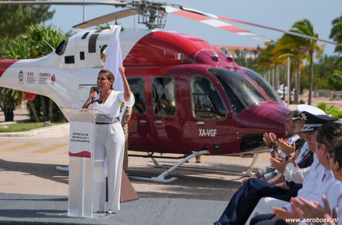 Mara Lezama presentó el 7 de julio de 2023 el helicóptero Bell 429, matrícula XA-VGF, como parte del equipamiento destinado a tareas de seguridad en Quintana Roo. | Crédito: Especial (Gobierno de Quintana Roo)