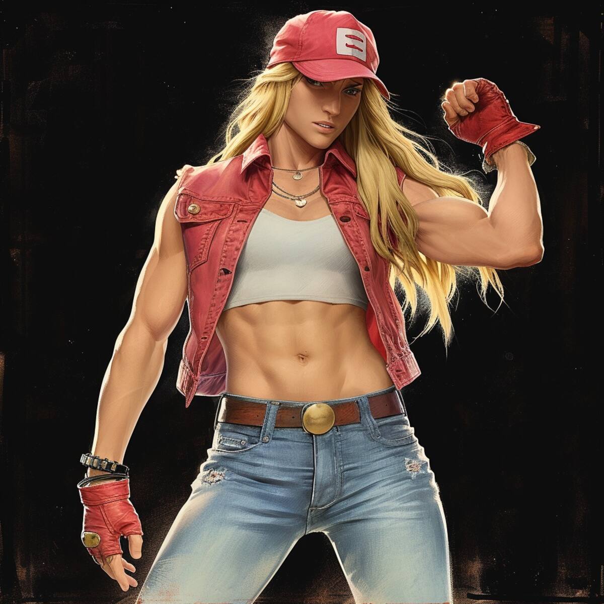 Midjourney nos sorprende al imaginar a Terry Bogard como una poderosa heroína con cabello rubio, ojos claros y guantes rojos.