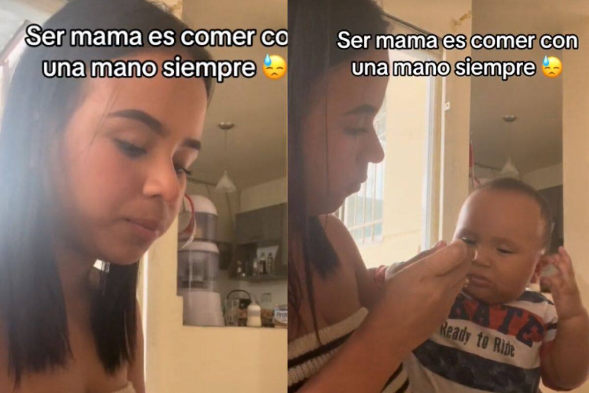 TikTok: Madre revela uno de sus talentos para comer con una mano mientras cuida a su bebé