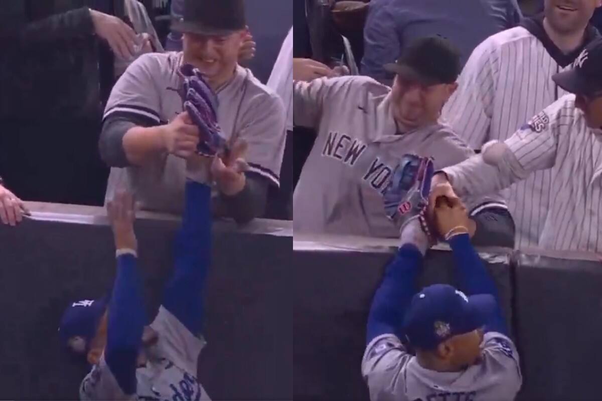 VIDEO: Aficionados de los Yankees le quitan la pelota del guante a un jugador de los Dodgers tras el out