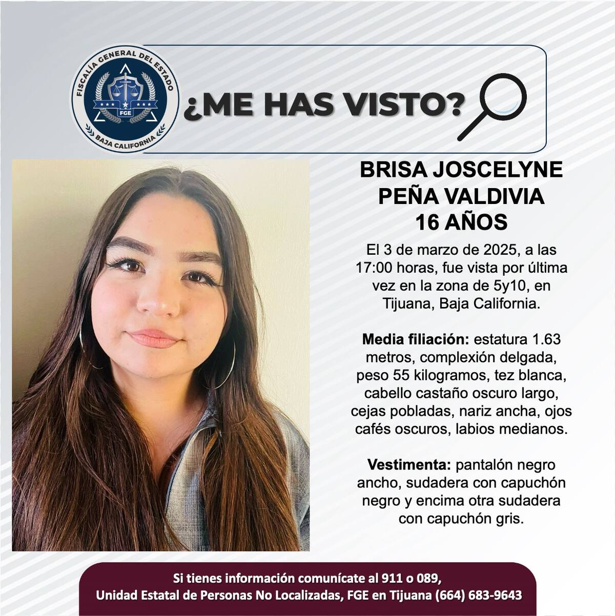 Brisa Joscelyne Peña Valdivia fue vista por última vez el 3 de marzo de 2025.