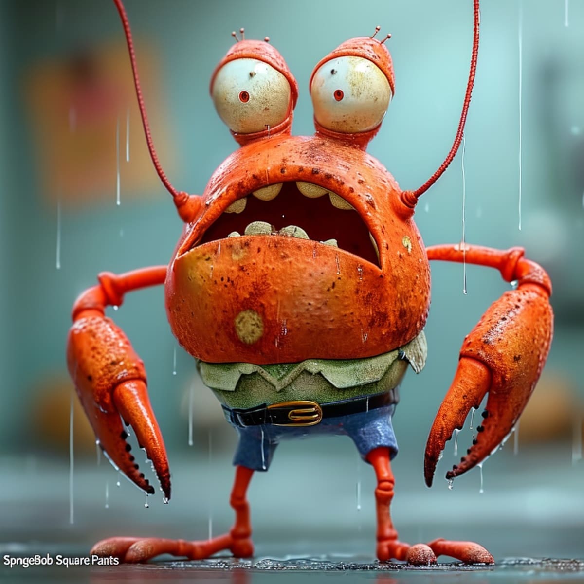 Recreación IA: Don Cangrejo con camisa verde y mirada enojada.