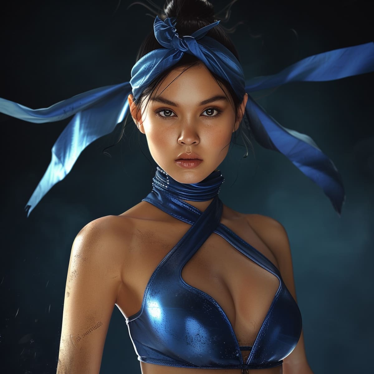 Kitana, la princesa guerrera de Mortal Kombat, luce impresionante en esta imagen generada por la Inteligencia Artificial de Midjourney.