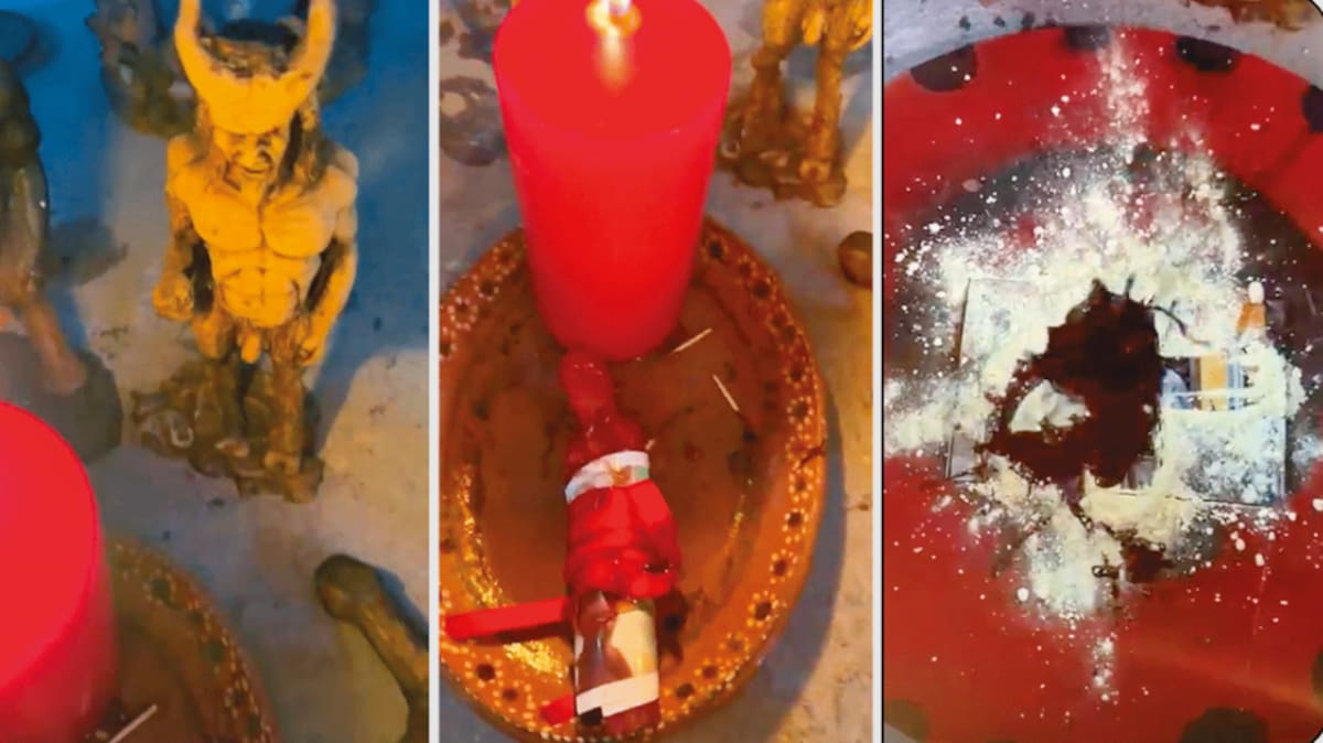 Entre los objetos, destacan velas rojas, una figura de demonio, una que aparenta ser un pene y una foto de la pareja / Créditos: TVNotas (Cortesía Francisco Cantú)