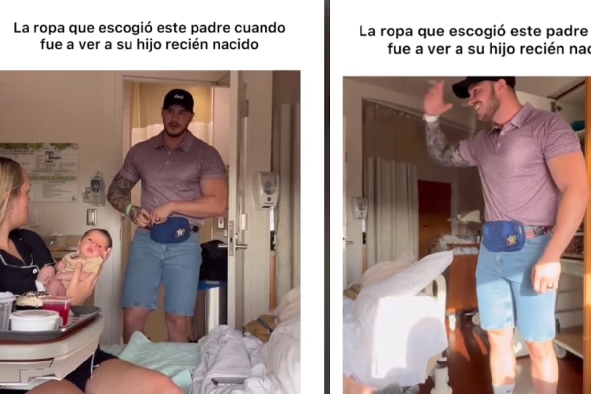 Un hombre va a conocer a su bebé recién nacido, pero lo hace vistiendo su clásico “outfit de papá”