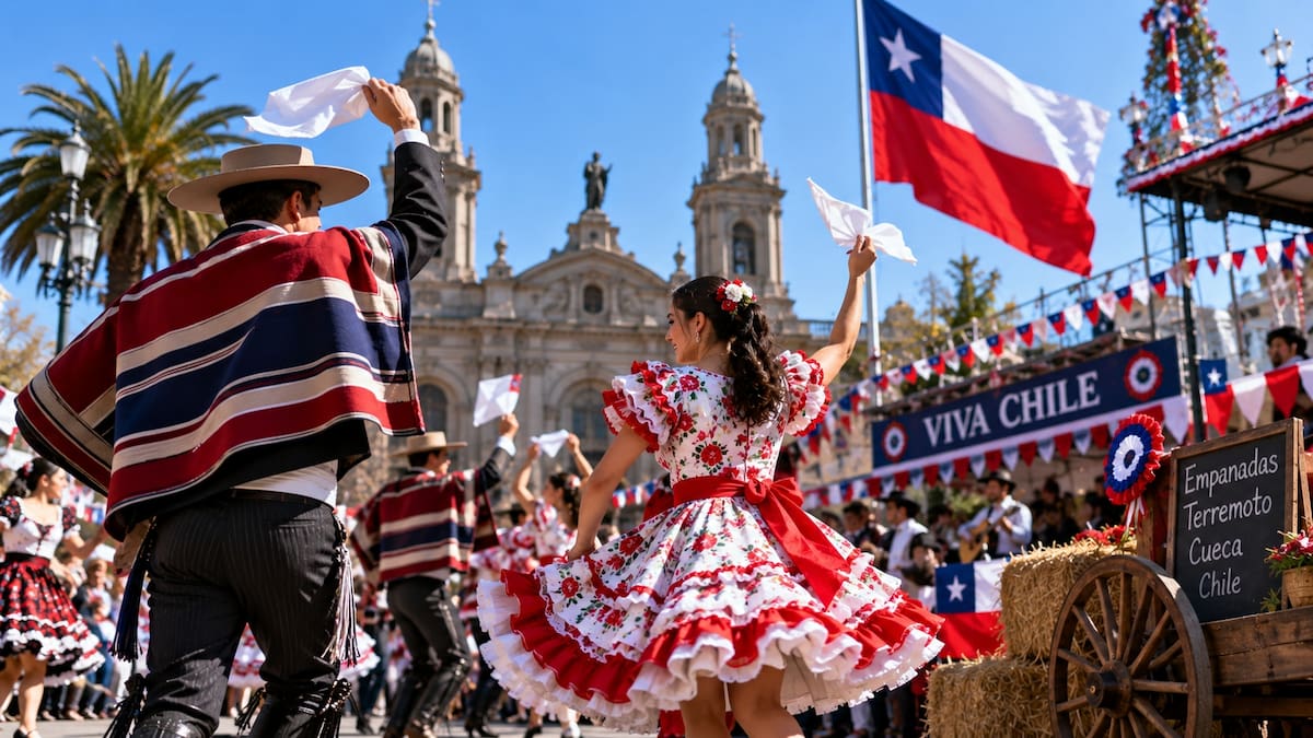 Imagen ilustrativa de las Fiestas Patrias de Chile, con una pareja bailando cueca, la bandera chilena y elementos tradicionales de las celebraciones que tienen su fecha central el 18 de septiembre. | Crédito: Imagen creada por IA de ChatGPT