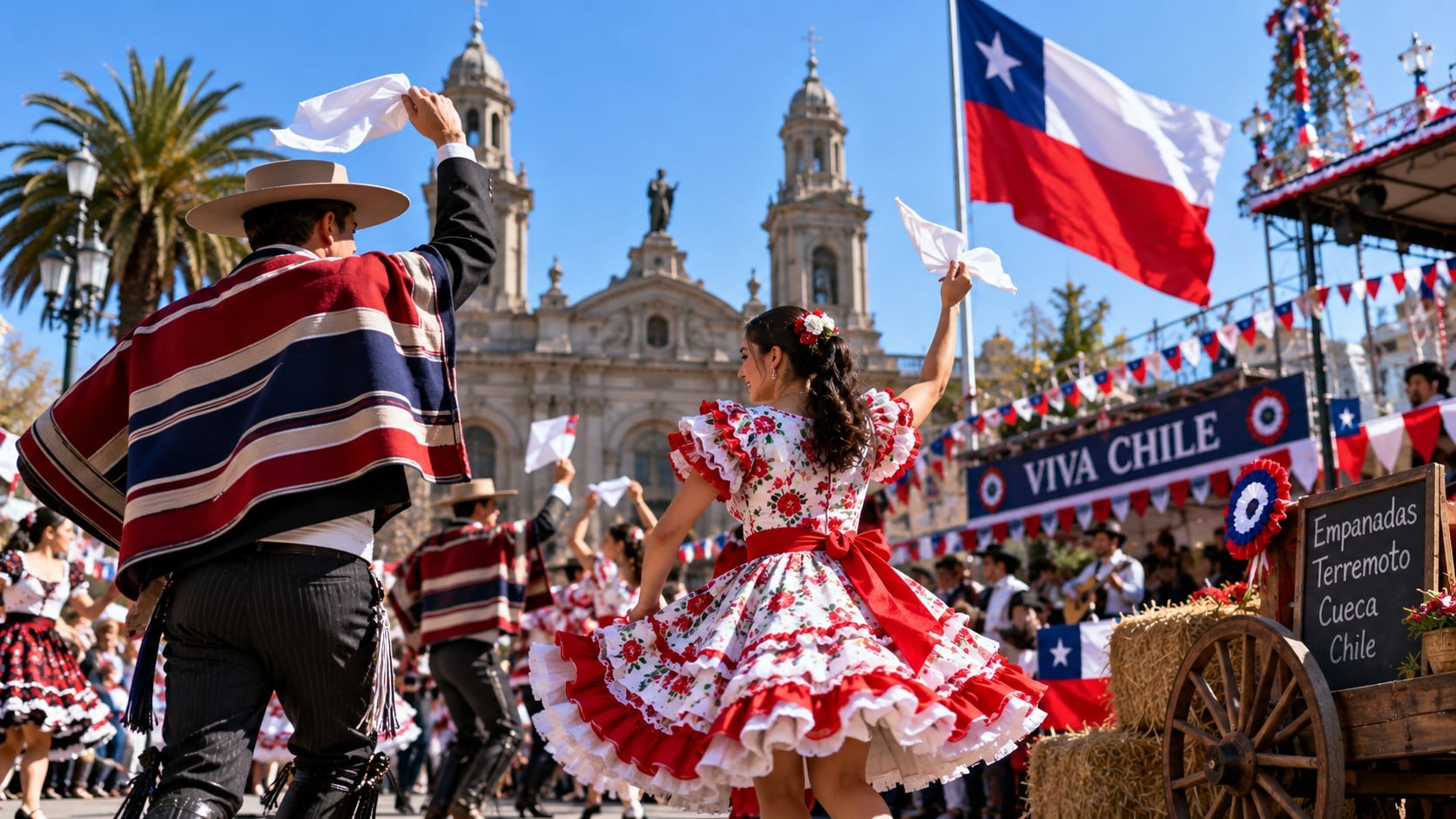 Imagen ilustrativa de las Fiestas Patrias de Chile, con una pareja bailando cueca, la bandera chilena y elementos tradicionales de las celebraciones que tienen su fecha central el 18 de septiembre. | Crédito: Imagen creada por IA de ChatGPT