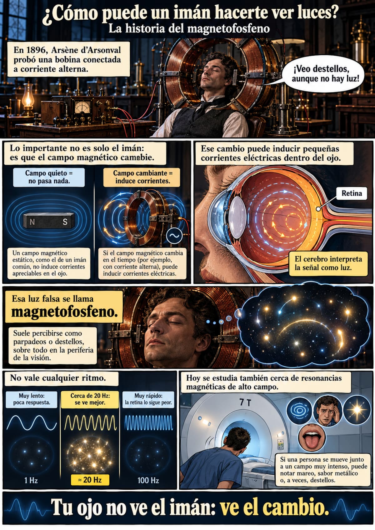 Jacques-Arsène d'Arsonval documentó en 1896 sensaciones luminosas producidas durante experimentos con campos magnéticos alternos.