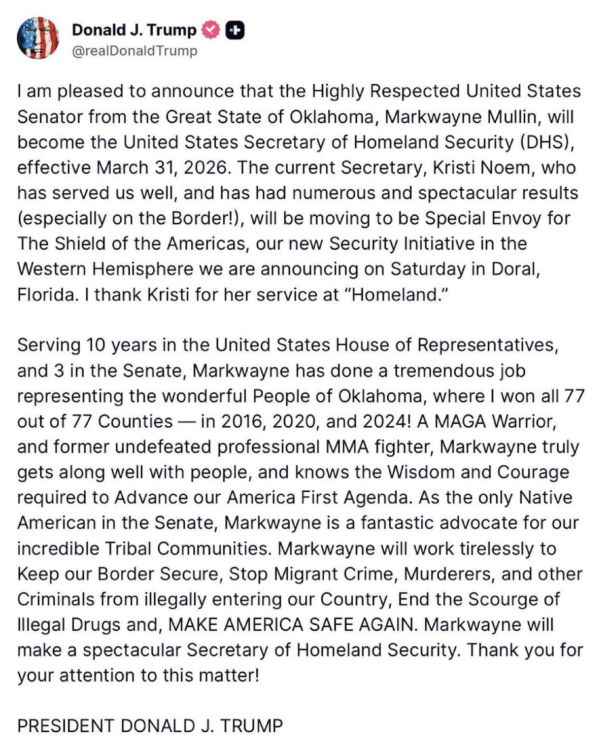 Donald Trump confirmó en Truth Social la destitución de Kristi Noem. | Captura de pantalla