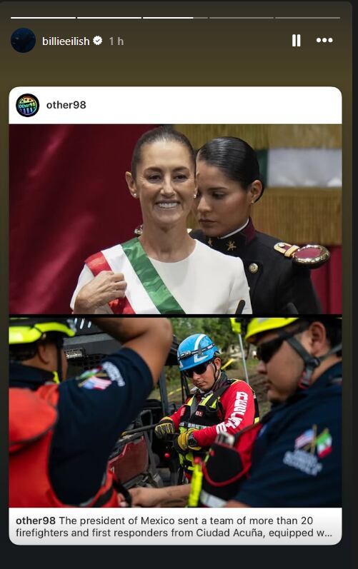 Billie Eilish compartió un post donde destacan el apoyo de la presidenta mexicana Claudia Sheinbaum hacia Estados Unidos a pesar de cómo Donald Trump trata a los inmigrantes latinos en EEUU. | Instagram Other 98