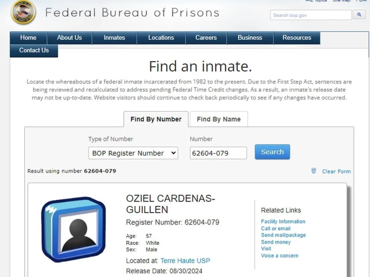 La ficha del FBI de Osiel Cárdenas Guillén indica que será liberado en agosto de 2024.