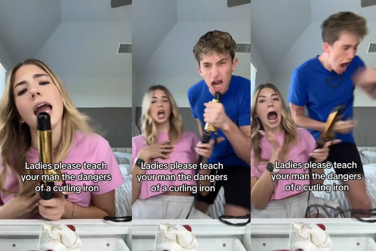 ¡Hombre se quema la mano al intentar usar el rizador de su novia como micrófono! | TikTok