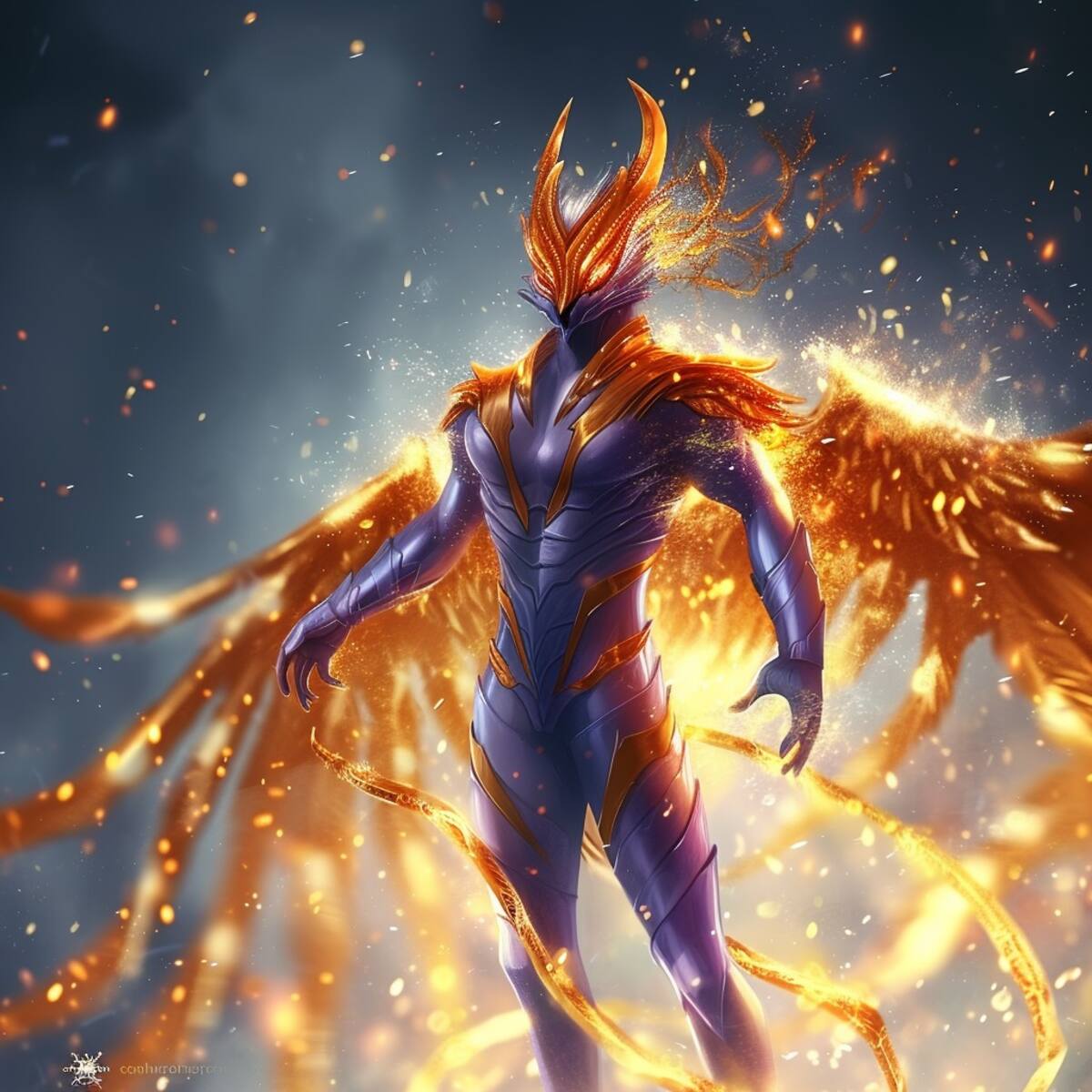 La armadura morada resalta la fuerza y misterio de Ikki, el Ave Fénix, según la creatividad de la IA.
