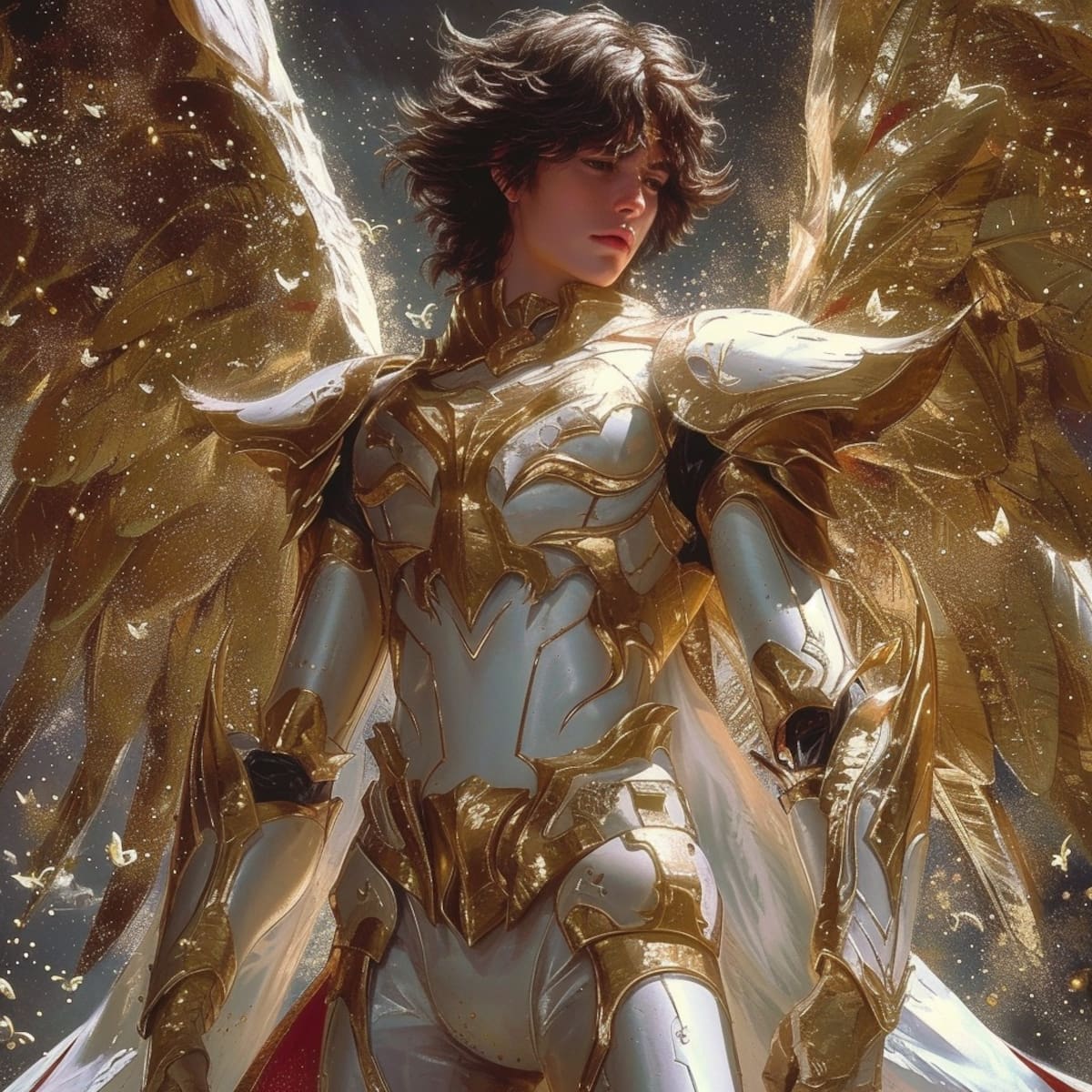Descubre la visión única de Midjourney: Seiya de Pegaso en una armadura dorada y con alas, capturando su esencia valiente.