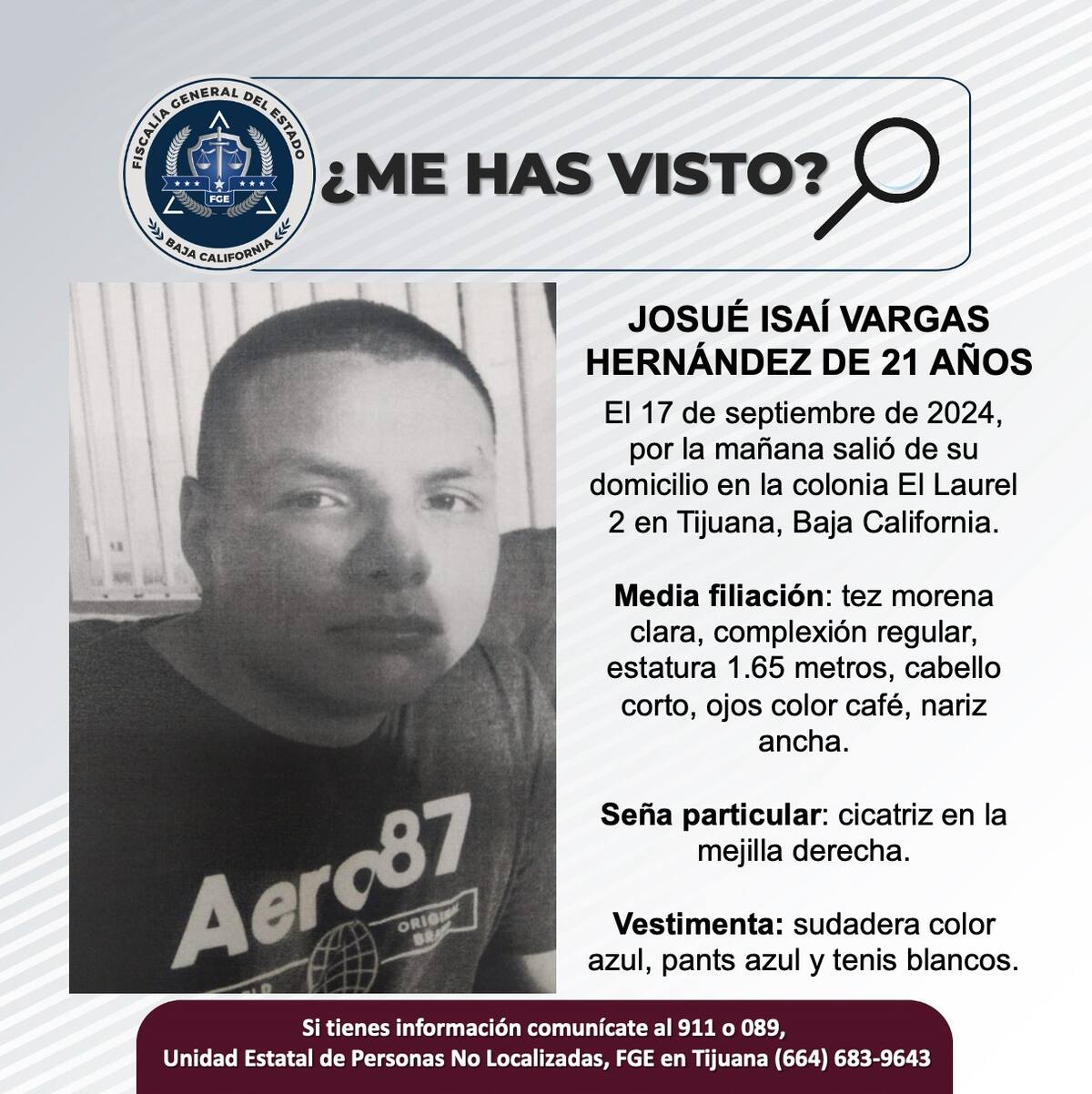 Josué Isaí Vargas Hernández fue visto por última vez el 17 de septiembre de 2024.