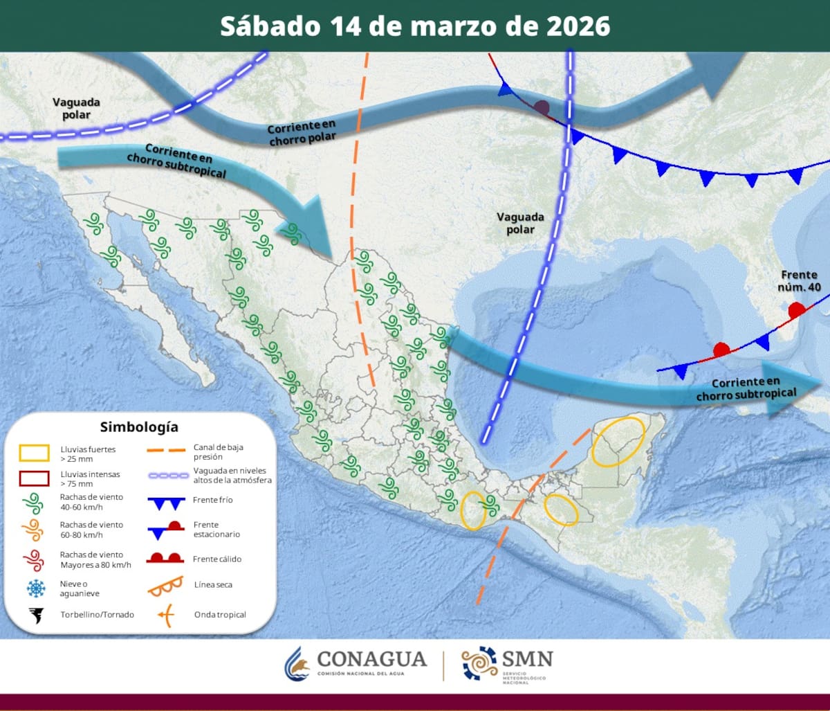 Pronóstico del clima para el sábado 14 de marzo del 2026. | Crédito: SMN