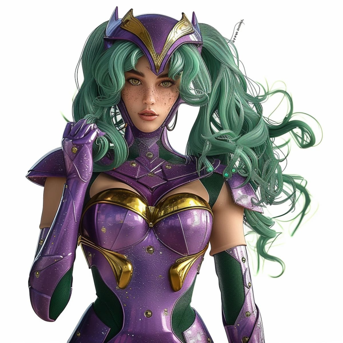 En esta visión única, Shaina lleva consigo cuernos morados, un detalle creativo que podría simbolizar su transformación y fuerza interna.