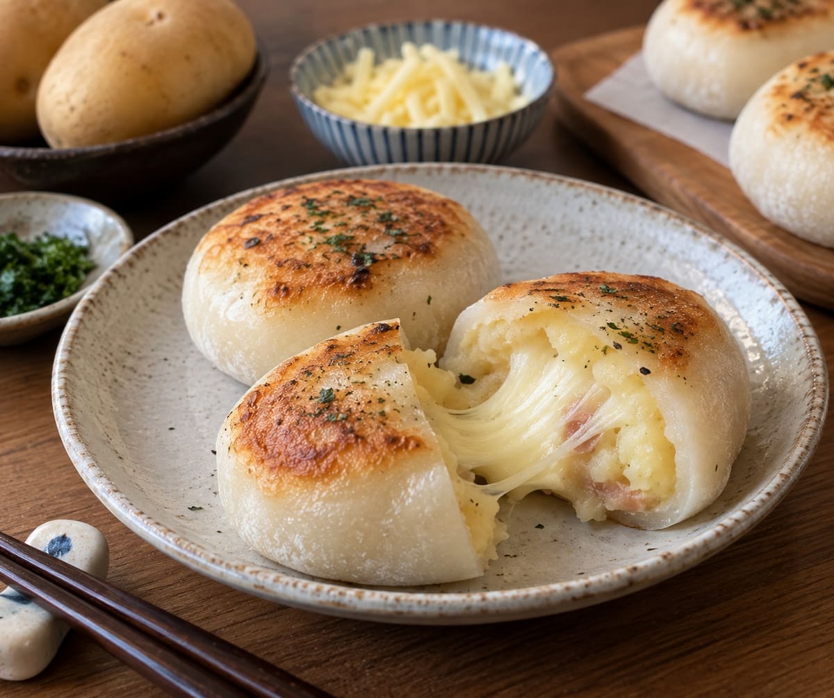 Mochis salados de papa y queso, una versión que combina la textura elástica del mochi con un relleno cremoso y sabores salados. | Crédito: Imagen hecha con IA de ChatGPT