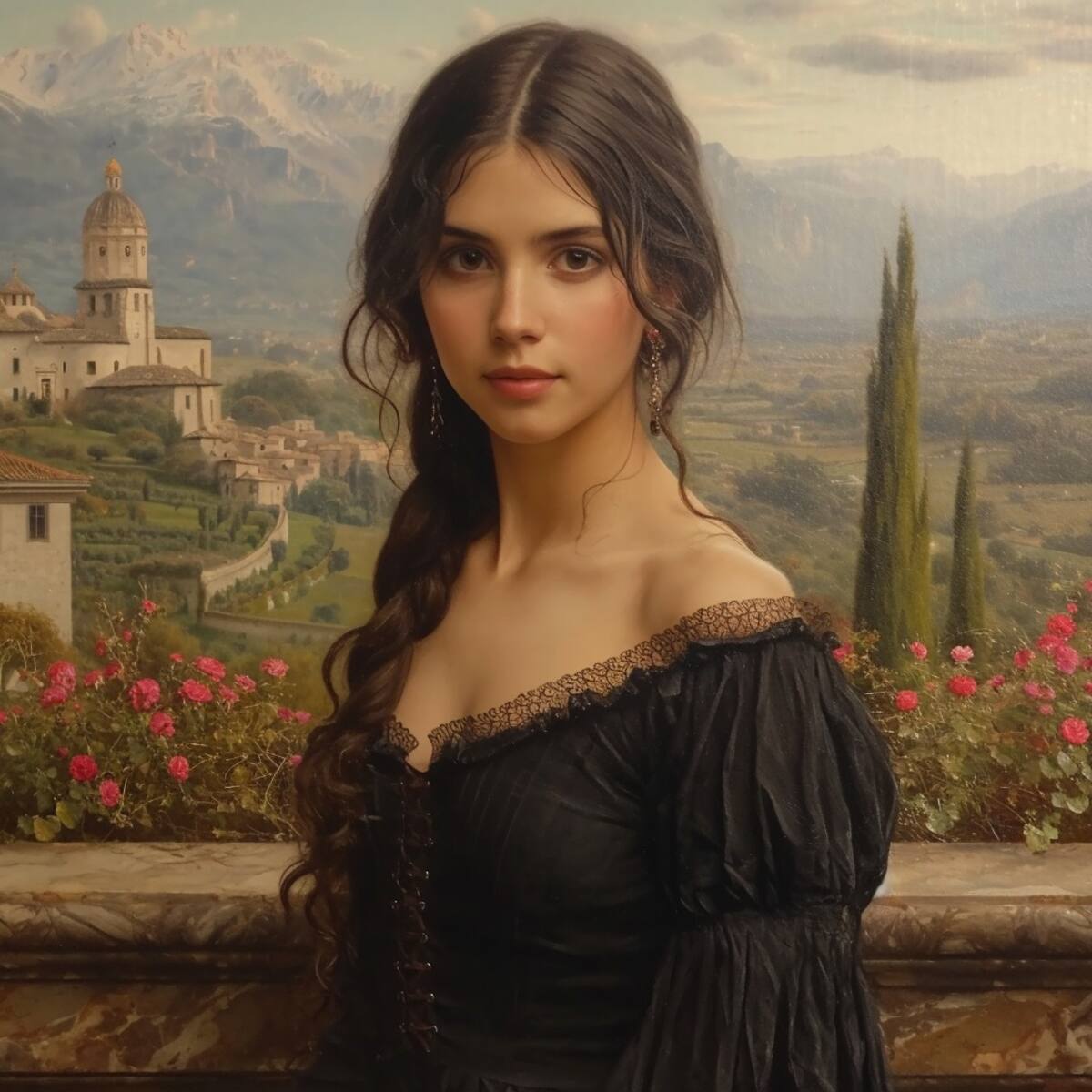 Esta reinterpretación, con un vestido negro que resalta la presencia del castillo distante, destaca la capacidad de la IA para añadir realismo y creatividad a la obra original.