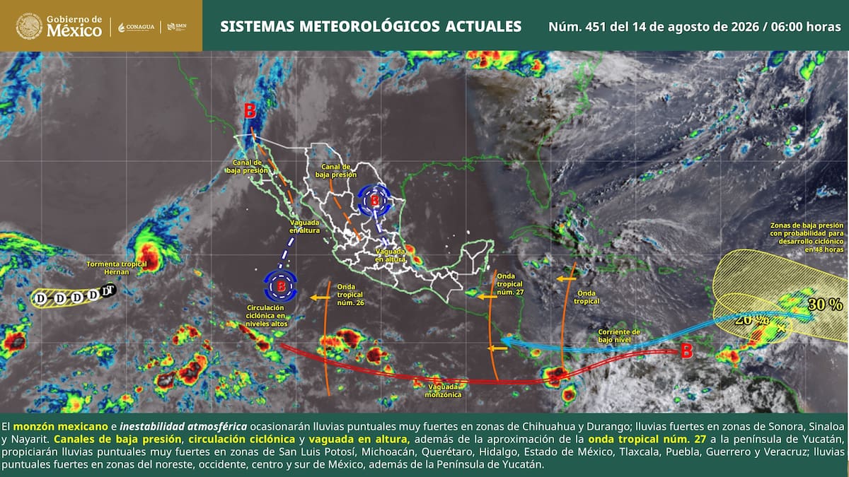 Monzón mexicano traerá lluvias muy fuertes este viernes 14 de agosto; el calor alcanzará 45 °C en varios estados