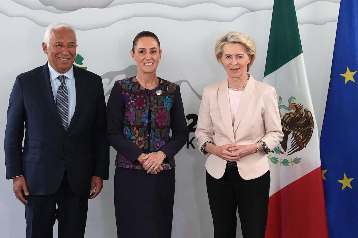 ARCHIVO DIGITAL GH. La presidenta mexicana, Claudia Sheinbaum (c); el presidente del Consejo Europeo, Antonio Costa (i); y la presidenta de la Comisión Europea, Ursula von der Layen, durante una reunión en el marco de la Cumbre de Líderes del G7, en Kananaskis (Canadá). | Crédito: Presidencia de México