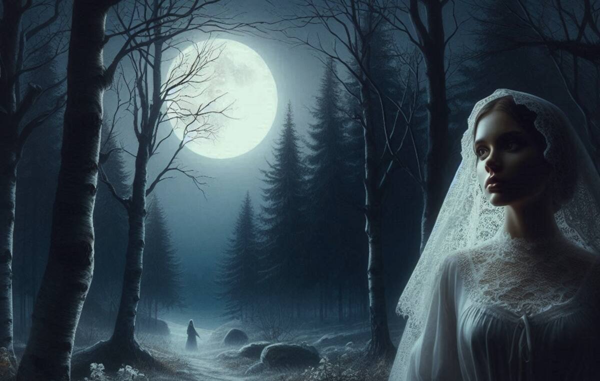 La música la condujo a un claro iluminado por la luna. Allí, vio a una mujer vestida de blanco, con una mirada profunda y melancólica.