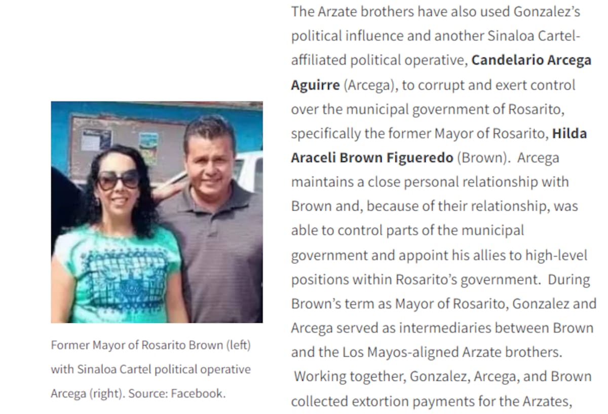 Foto: Departamento del Tesoro de EEUU.
"Los hermanos Arzate usaron la influencia política de Jesús González Lomelí y a otro político operativo afiliado al Cártel de Sinaloa, Candelario Arcega Aguirre, para ejercer control y corromper el gobierno municipal de Rosarito, específicamente a la exalcaldesa de Rosarito, Hilda Araceli Brown Figueredo".