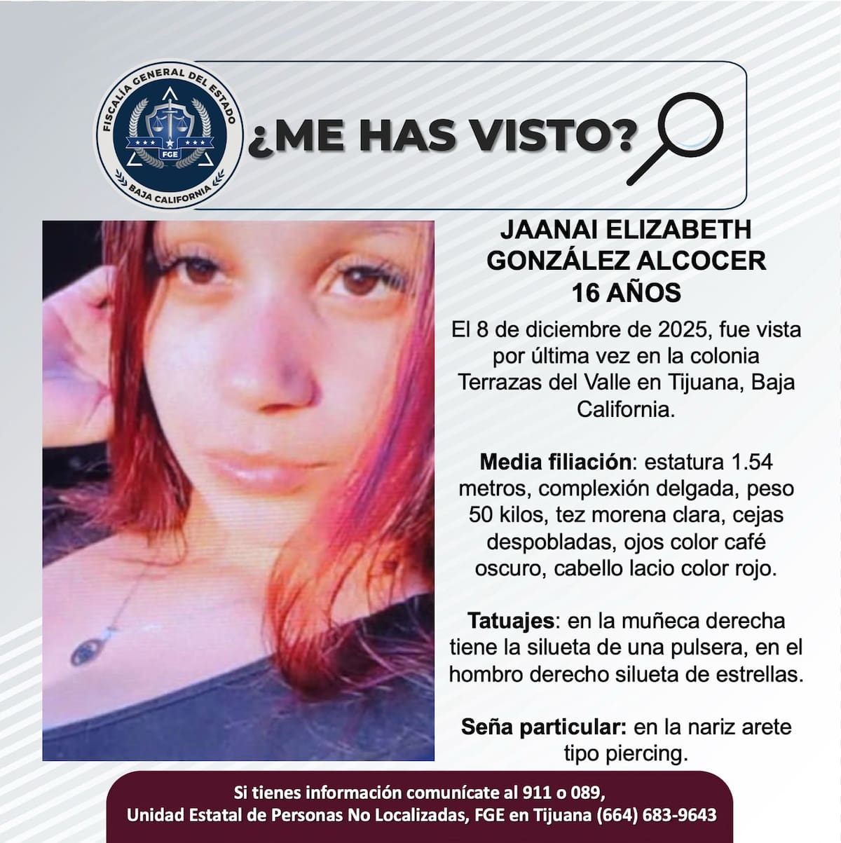 Fue vista por última vez 8 de diciembre de 2025.