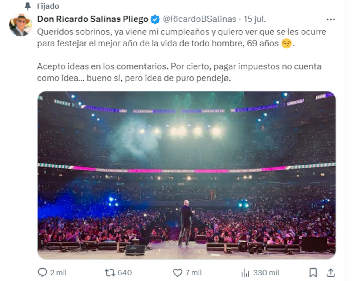 Ricardo Salinas Pliego usó la red social X, para solicitar ideas para festejar su cumpleaños 69