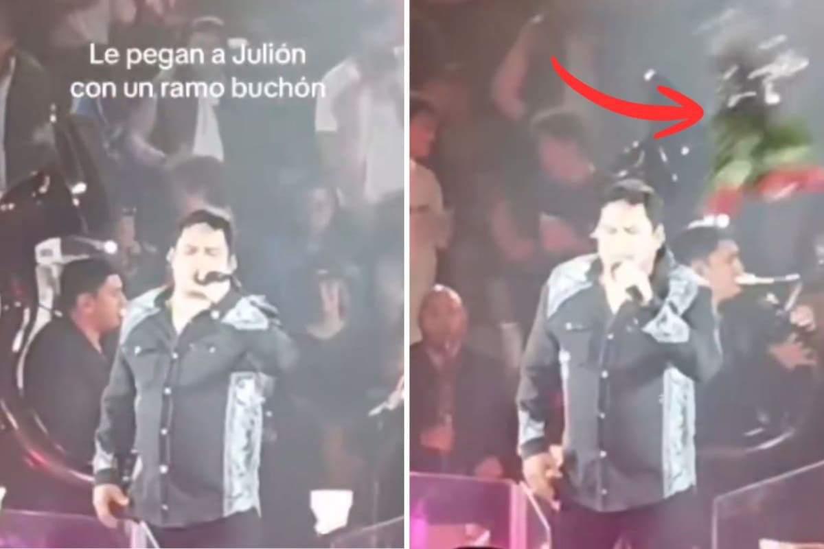 Julión Álvarez vive momento incómodo tras recibir un golpe con un ramo de flores en el escenario (VIDEO)