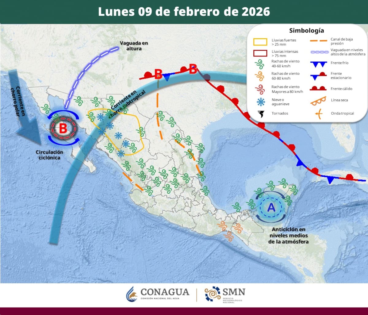 Pronóstico del clima para el lunes 9 de febrero del 2026. | Crédito: SMN