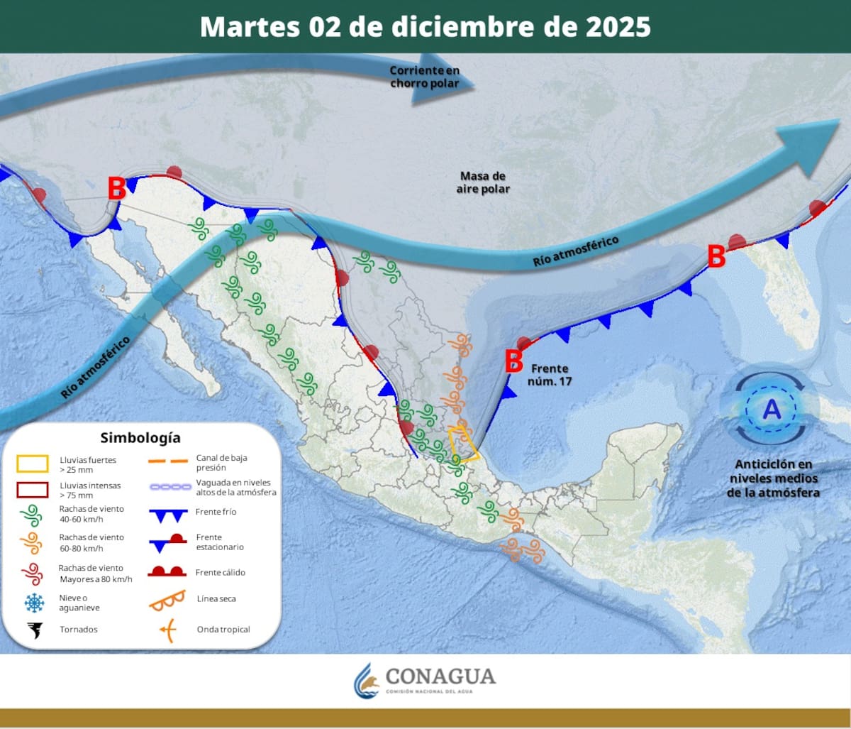 Pronóstico del clima para este martes 2 de diciembre del 2025. | Crédito: SMN