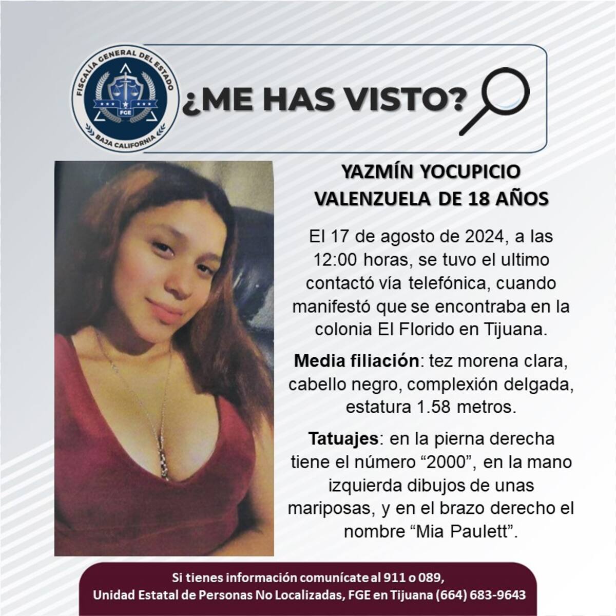 Yazmín Yocupicio Valenzuela fue vista por última vez el 17 de agosto de 2024.