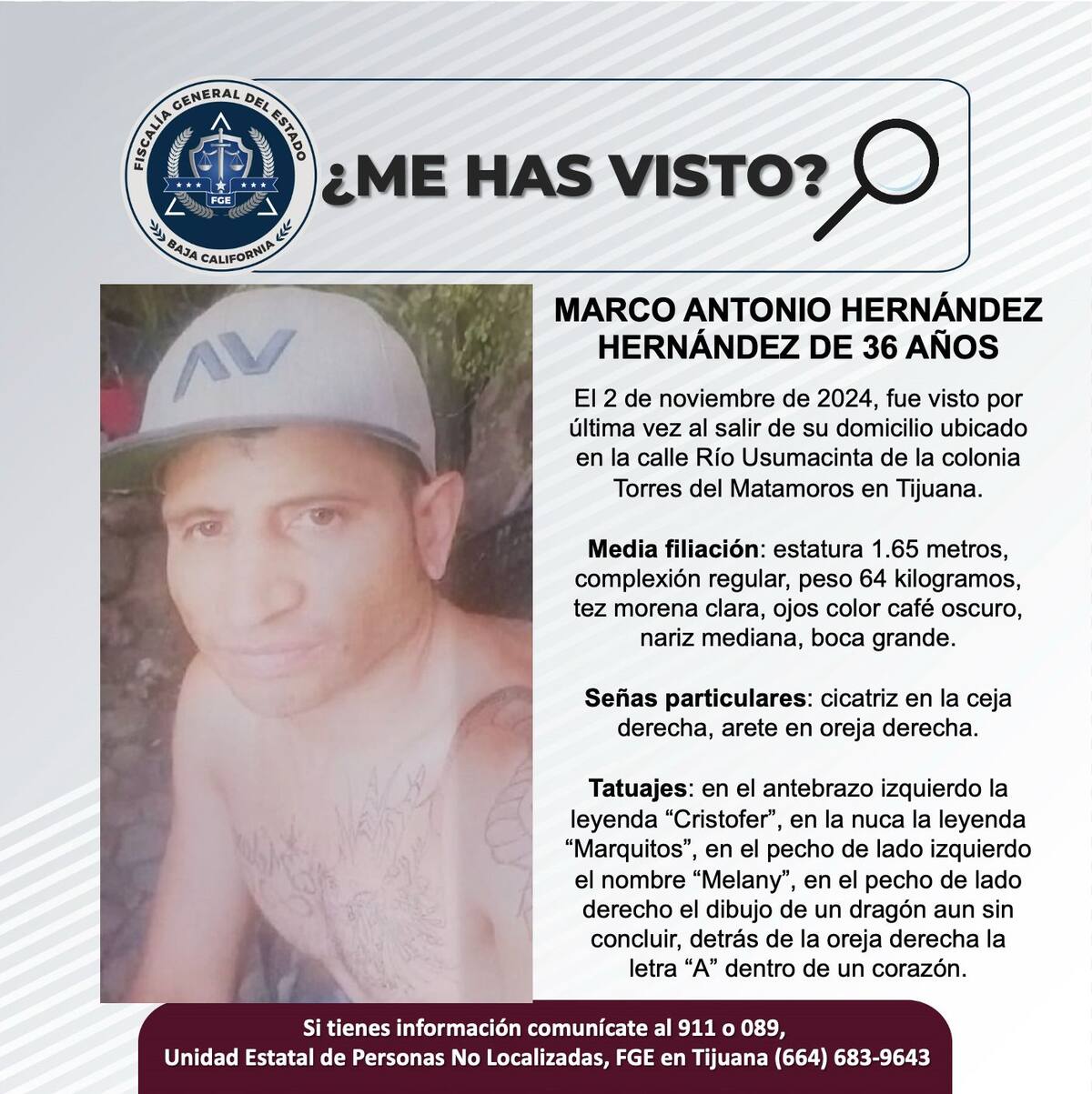 Marco Antonio Hernández Hernández fue visto por última vez el 2 de noviembre de 2024.