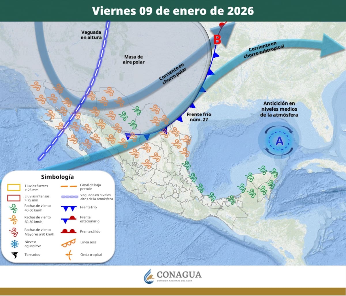 Pronóstico del clima para el viernes 9 de enero del 2026. | Crédito: SMN