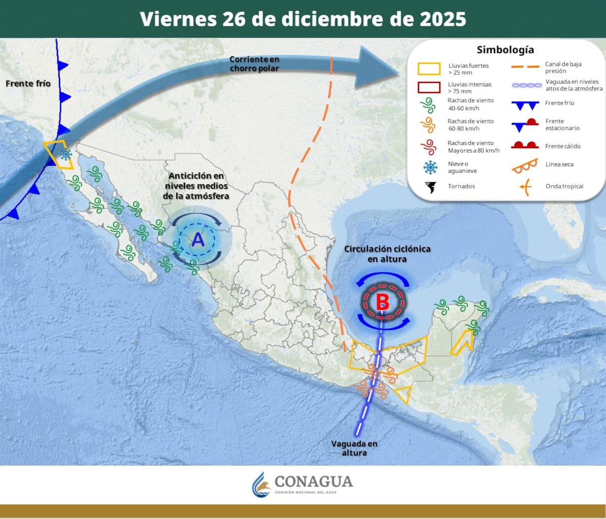 Pronóstico del clima para este viernes 26 de diciembre del 2025. | Crédito: SMN