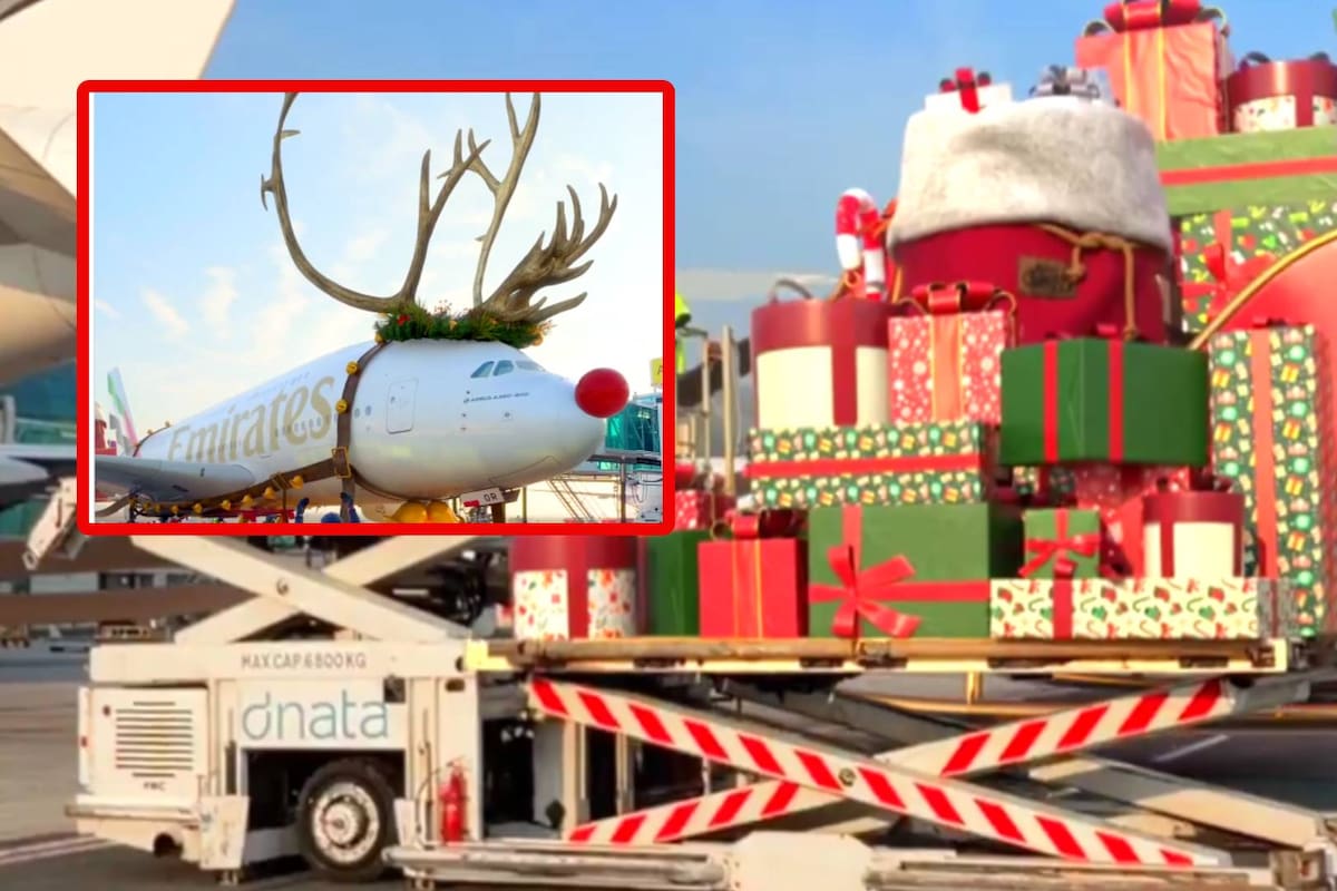 ¿Real o AI? Exclusiva Aerolínea Emirates comparte un VIDEO de un avión volando como ‘Rodolfo el Reno’ llevando a Papá Noel con su trineo y desata polémica