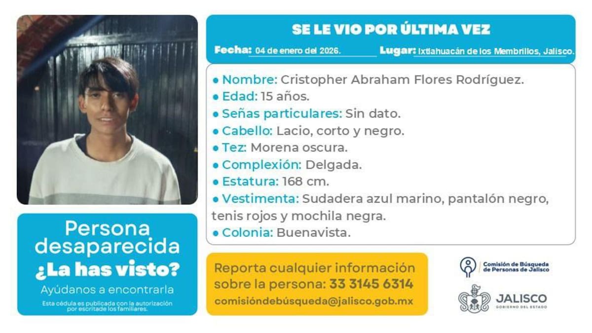 Buscan a cinco menores vistos por última vez en Buenavista, Ixtlahuacán de los Membrillos. Llamar al 33 34 45 63 14 de la Comisión Estatal de Búsqueda de Jalisco si tiene información.
