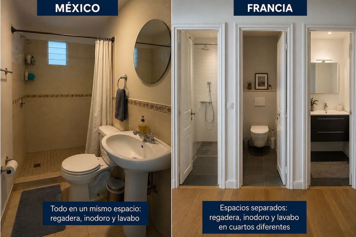 Comparativa de baños entre Francia y México. | Imagen hecha con IA de ChatGPT