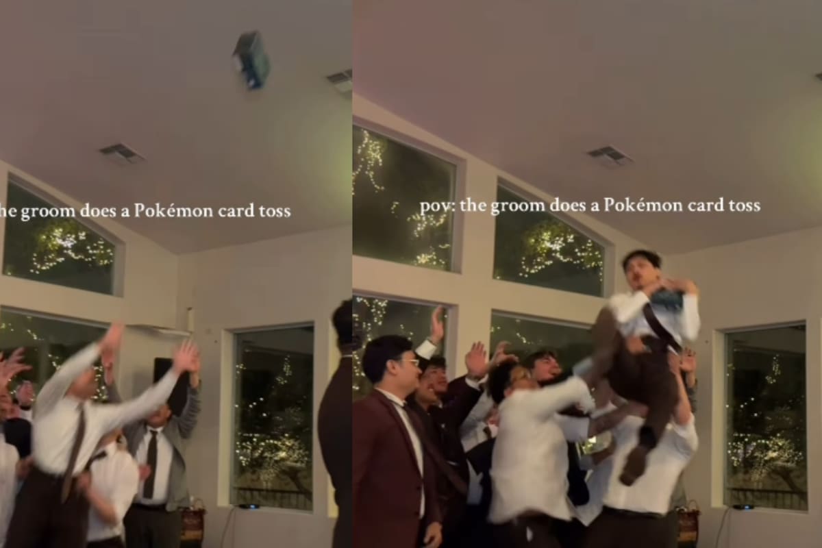 Mientras la novia tira el ramo en su boda, el novio se vuelve viral al lanzar a sus amigos un paquete de cartas de Pokémon