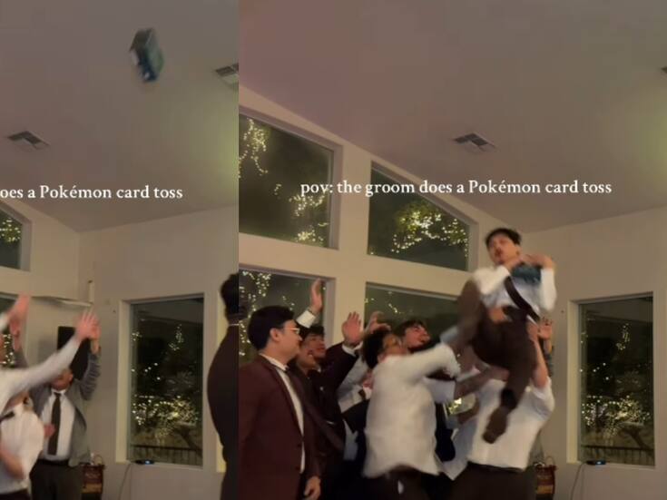 Mientras la novia tira el ramo en su boda, el novio se vuelve viral al lanzar a sus amigos un paquete de cartas de Pokémon