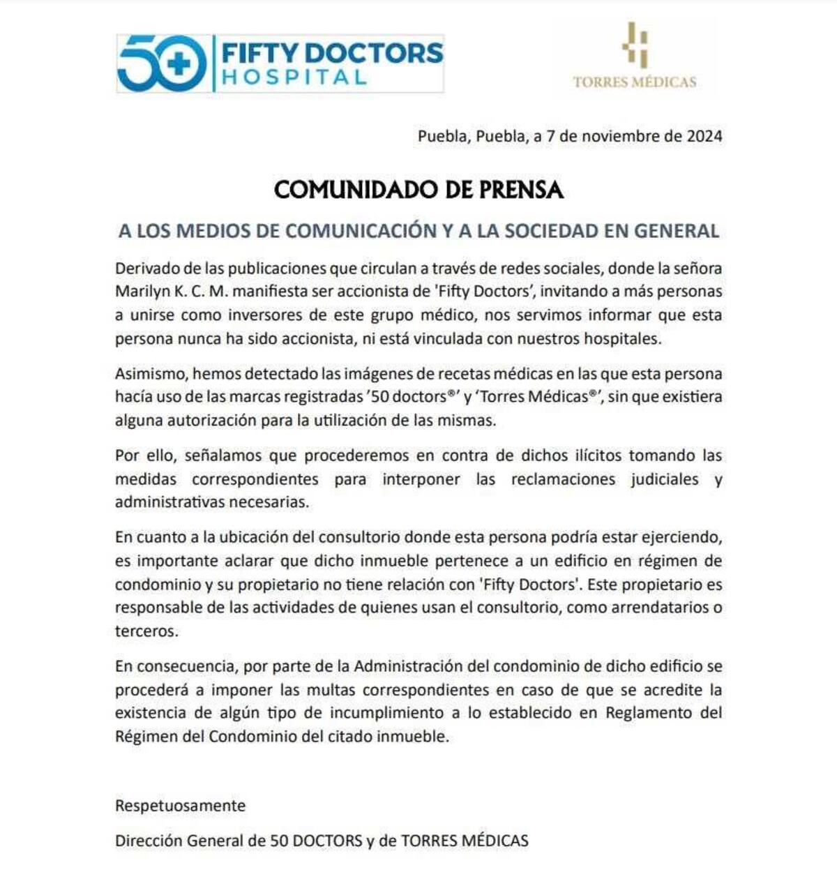 Fifty Doctors, clínica a la que Marilyn Cote habría usurpado su nombre, procedería legalmente contra la supuesta psiquiatra.