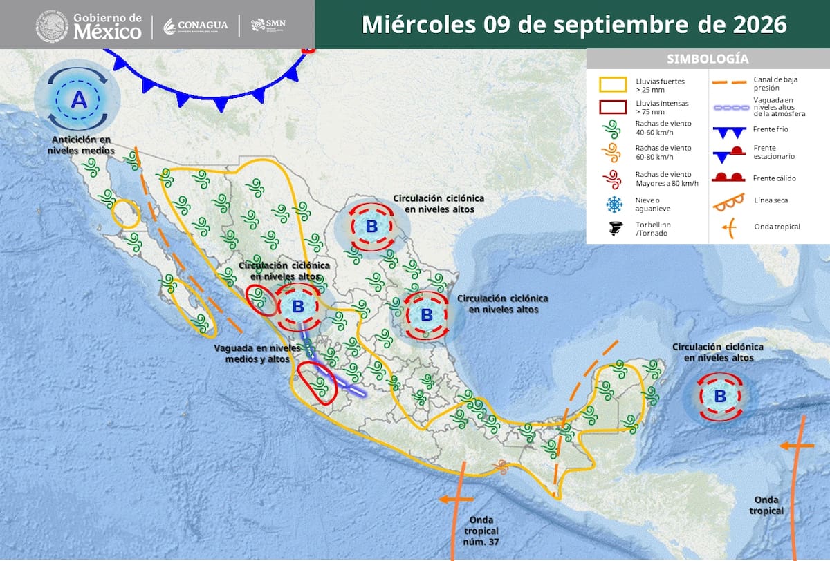Pronóstico del clima para el miércoles 9 de septiembre del 2026. | Crédito: Conagua