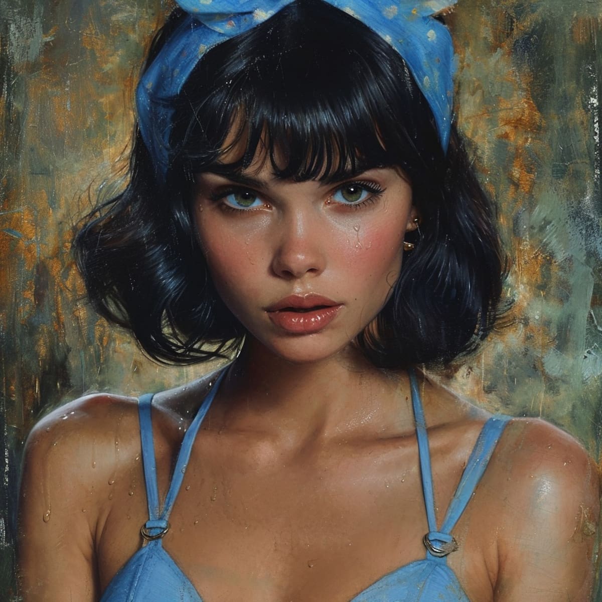 Sensualidad Radiante: Con su cabello negro y su vestido azul, la versión de la inteligencia artificial irradia sensualidad, capturando la esencia encantadora de este personaje de Los Picapiedra.