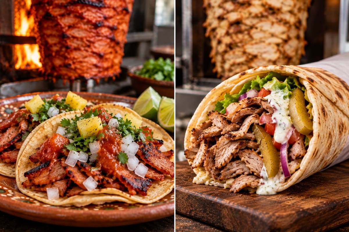 El taco al pastor mexicano y el shawarma de Medio Oriente comparten la cocción de carne en un trompo vertical, pero se distinguen por la tortilla, el pan y sus acompañamientos. | Crédito: Imagen hecha con IA de ChatGPT