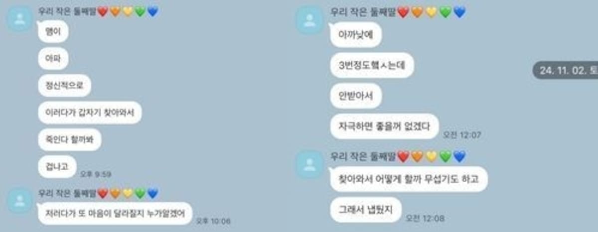 Traducción aproximada del Coreano al Español con ayuda de Google Traductor:
"Nuestra pequeña segunda hija" (Apodo de los padres a la victima)
> tal vez
mentalmente
Entonces de repente vinó a visitarme
Tengo miedo de que me maten
Tengo miedo
21:59
"Nuestra pequeña segunda hija"
¿Quién sabe si cambiará de opinión otra vez?
10:06
"Nuestra pequeña segunda hija"
joven
Más temprano en el día
Lo ha hecho unas 3 veces.
Porque no lo recibí
No creo que sea bueno provocarlo.
12:07 a. m.
"Nuestra pequeña segunda hija"
Tengo miedo de qué hacer cuando venga.
Así que lo dejé en paz
12:08 a. m.
Sábado 24.11.02
